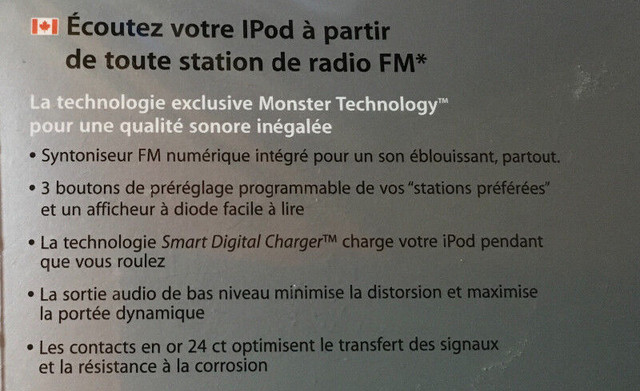 Émetteur FM pour iPod (neuf). Monster ICarPlay dans iPod et MP3  à Trois-Rivières - Image 2