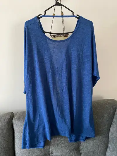 Blue short sleeve shirt with a criss cross nod in the back. Used good! Size 2X Price 10$