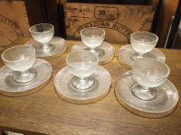 6 Vintage Dominion depression glass dessert cups with saucers