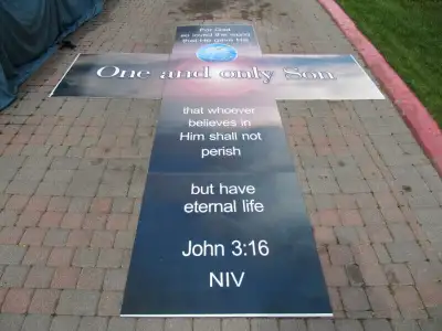 Up for sale is a Corrugated Plastic Foldable 12 foot by 9 foot sign with the Biblical Text: "For God...