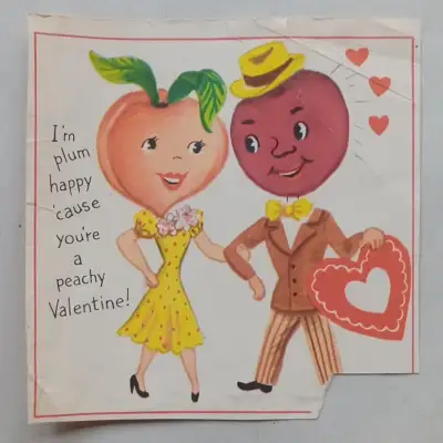 Vintage 1955 Anthropomorphic Peachy Plum Valentine Card, View more