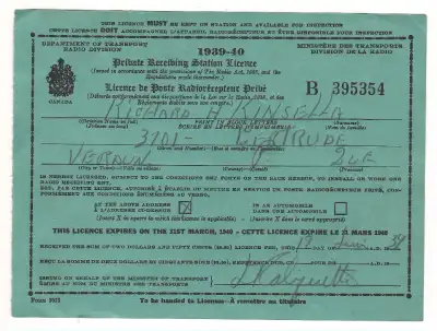 BILLET Québec,  Licence de Poste Radiorecepteur Privé 1939-40, View more