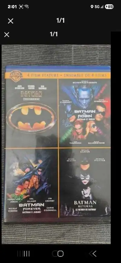 This used Batman 4-film collection on DVD includes Batman, Batman & Robin, Batman Forever, and Batma...