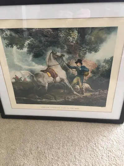 Beautiful colour print of a rider trying to tame his horse (title in French) in beautiful ornate fra...