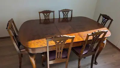 Antique solid hardwood burled dining room table w 12 chairs, View more