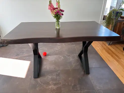 Beautiful dining table. Live edge. 59 inches long 34 inches deep 30 inches high Thickness of wood 2...