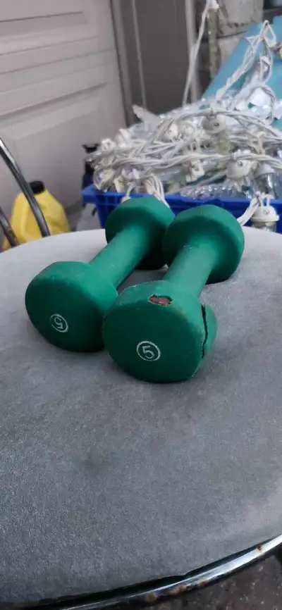 2 pc of 5lbs dumbbells, one peeling off, View more