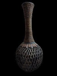 Vintage Tribal African Bohemian Wood Rope Rattan Woven Vase