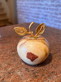 Mid Century Onyx Carved Apple in Brown & Golds with Gold Stem