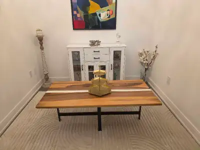 Coffee Table - Solid Wood with White Matte Resin Detail, View more
