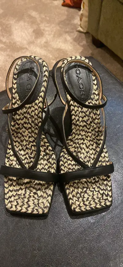 Coach Kaia High Heel Sandal Black Size 7 Never wornSlender adjustable ankle buckle closure.Square, o...