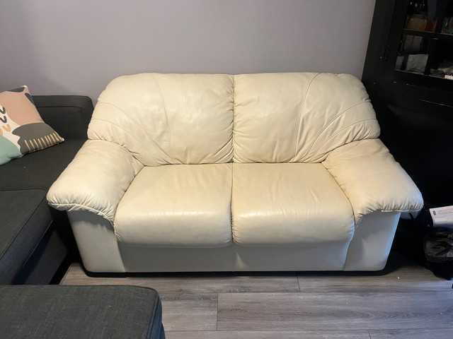 Blue couch with chaise and white leather love seat in Couches & Futons in Kingston