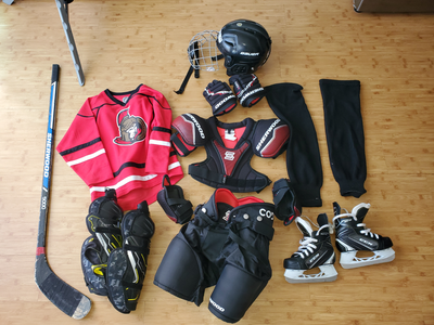 full hockey set for 6 y o (skates, stick, helmet, gear), View more