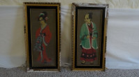 Antique Oriental / Geisha Needlepoint Tapestries in Wood Frames