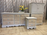 SOLD.  3pc pine bedroom set(tallboy, dresser and one nightstand)