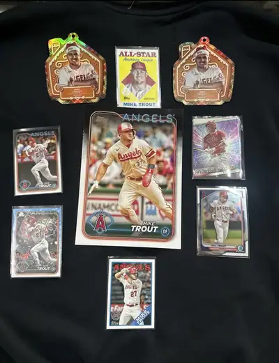 Various Mike trout cards for sale including Box Topper, holiday hangers and cards.