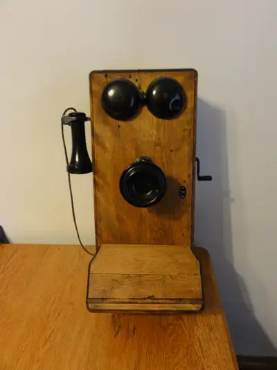 Vintage Northern Electric Oak Crank Wall Telephone with Bells, View more