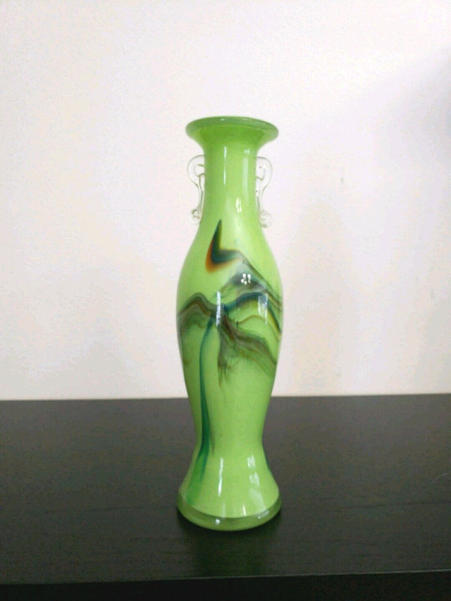 Green End of Day Swirl- Splatter Encased Art Glass Vase in Arts & Collectibles in Winnipeg