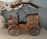 Vintage copper tin rustic antique car music box - works!