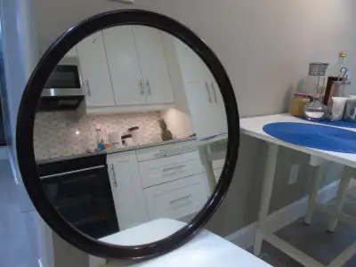 Antique - circa 1900 - Round Wall Mirror with Wood Frame, Brown, View more