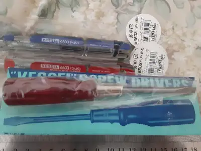 1. Brand new flat head VESSEL screwdriver, old school wood handle (dark red color), made in Japan It...