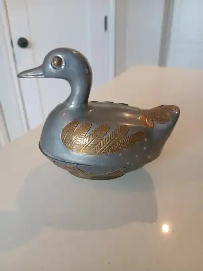 Vintage Pewter & Brass Duck Trinket Box Ring Box Patina Silver Springs NW