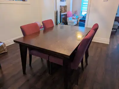 Expanding wood dining table with chairs, sofa and queen mattress, View more