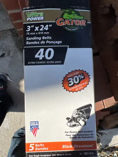 I'm offering a new pack of Gator Ultra Power 3" x 24" sanding belts, perfect for heavy-duty sanding...