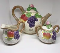 Vtg F&F Teapot Creamer Sugar Set Basket Weave Strawberry lids