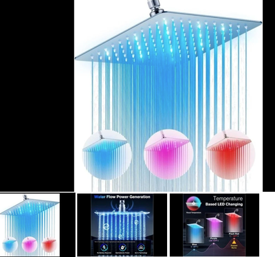 High Pressure Rain Shower Head with LED, Chrome Square, View more