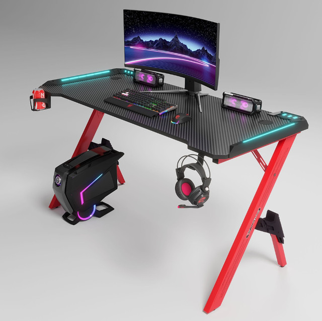 Gaming Desk, Cool RGB LED,K Shaped Table, Workstation, Cup Holde in Desks in Kitchener / Waterloo