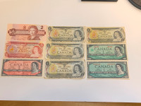 Canadian 1954 - 1986 $1 and $2 Lot of 9
