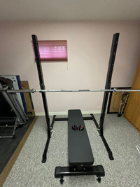 Barbell, bench, plates, and rack