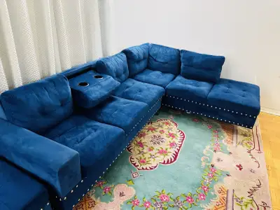 Blue reversible Sectional Sofa, Rug, painting with free delivery, View more