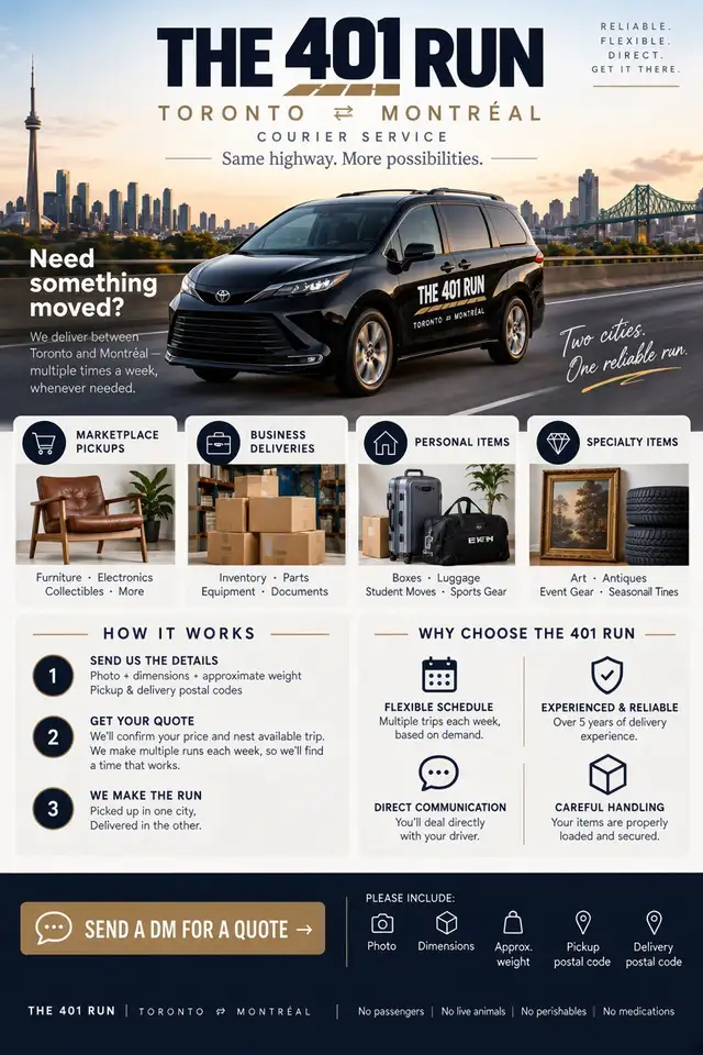 Toronto ⇄ Montréal Courier | Multiple Trips Weekly | The 401 Run