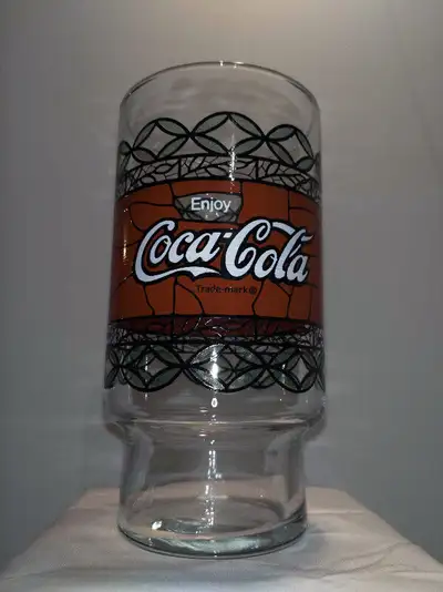 Vintage Coca Cola Tiffany Style Stain Glass 32 Oz Tumbler Glass Approx. 7" tall Excellent Condition....