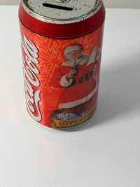 Coca-Cola Christmas Greetings Santa Jumbo Tin Can Coin Bank 8”H
