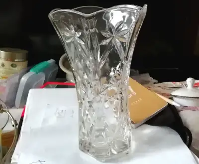 VINTAGE HEAVY PRESSED GLASS VASE WITH PATTERNS 10" TALL, View more