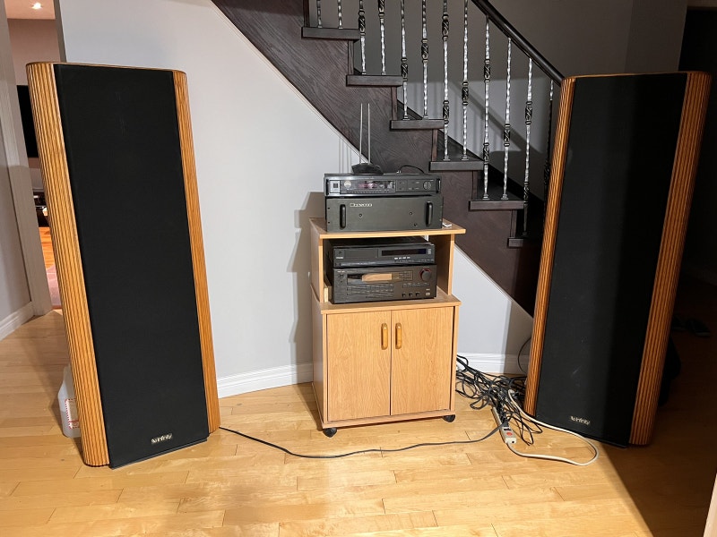 Power Amp, preamp, tuner, CD/DVD, Bryston 4B, rabbit ears Speakers