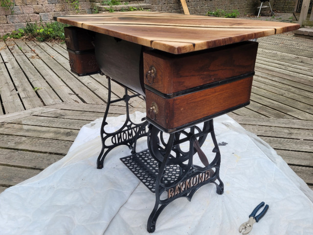 Restored sewing machine base with walnut and epoxy top in Other Tables in City of Toronto - Image 2