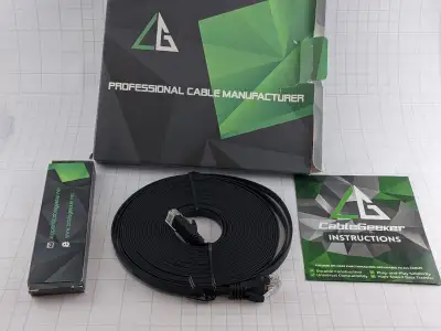 NEW 25 ft CAT6 FLAT Ethernet Internet Cable with Clips Open Box, View more