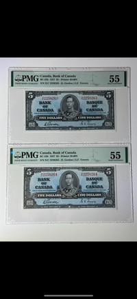 1937 CONSECUTIVE $5 RARE X/C GORDON BANQUE DU CANADA BANK NOTE