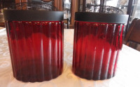 FLASHED ON RED GLASS VASES WITH BLACK METAL FROG TOPS (2) - NEW