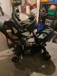 Double stroller with bucket and car seat base 