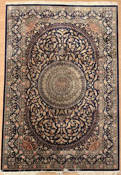 Qum Shirazi Silk Persian Rug - Floral Medallion Design, View more