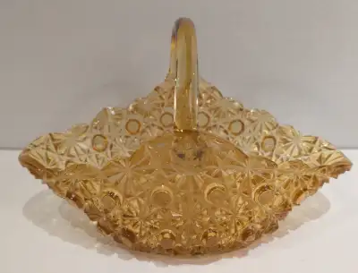 Vintage amber daisy and button small glass basket, View more