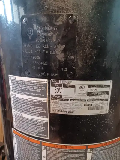 DeVilbiss 60 Gallon Oil-Lubricated Belt-Drive Air Compressor good condition.