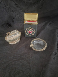 Vintage petit point cigarette case, lighter & ashtray