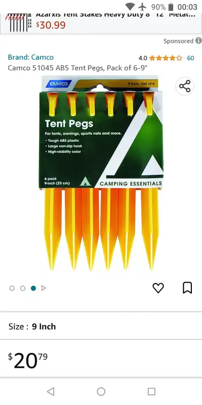 Camco 9inch tent pegs, View more