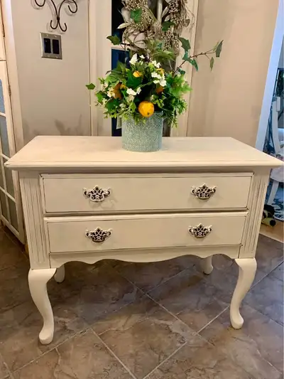 Creamy White Distressed French Country Entrance Table, View more